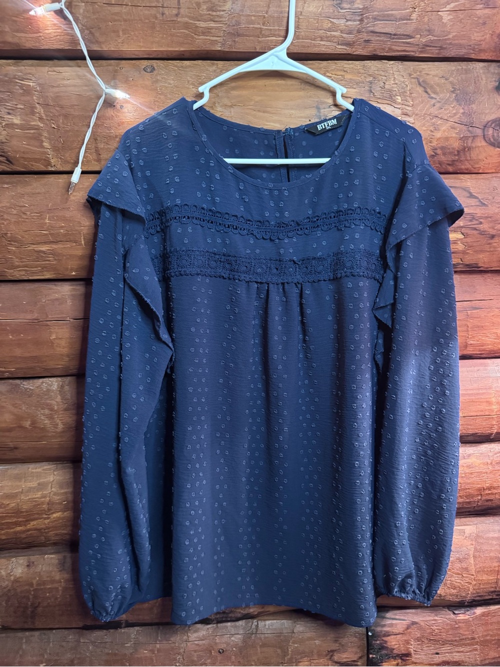 Vibrant Navy Eyelet Ruffle Long-Sleeve Top -
